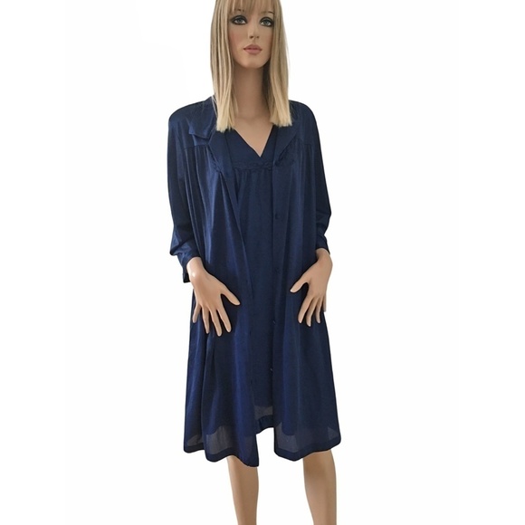 Vintage Vanity Fair Peignoir Set Lingerie Nightgown Robe Navy Sleep Embroidery - Picture 3 of 16